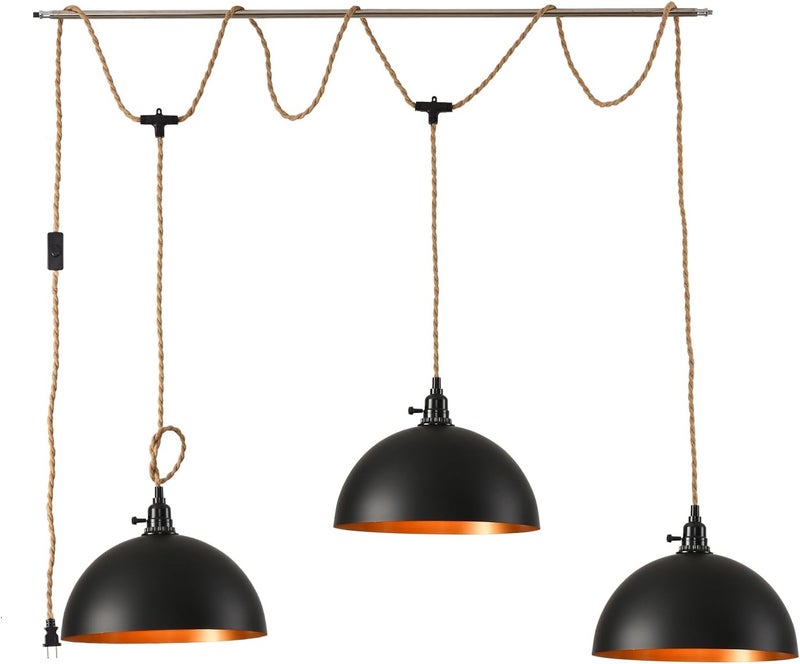 KENMI 3-Light Hanging Light with Plug in Cord,Plug in Pendant Light 22ft Hemp Rope Pendant Lighting Vintage 3-Light Hanging Lamp Fixtures for Kitchen Island Living Room Bedroom - Image 1